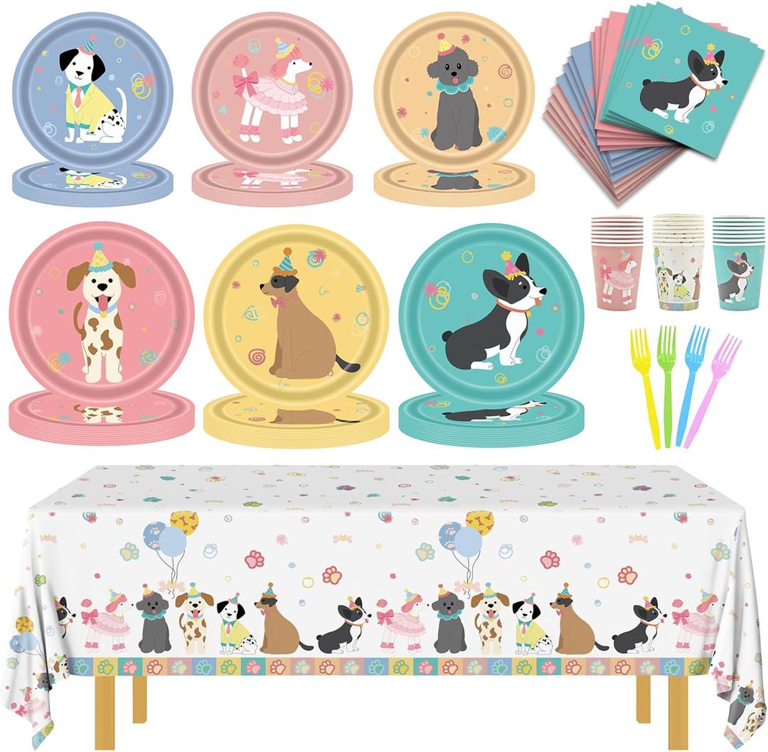 121PCS Dog Birthday Party Supplies Puppy Party Decorations with Plates & Napkins, Dog Birthday Party Decorations for Kids, Puppy Birthday Party Tableware Set for Baby Shower & Party Decor