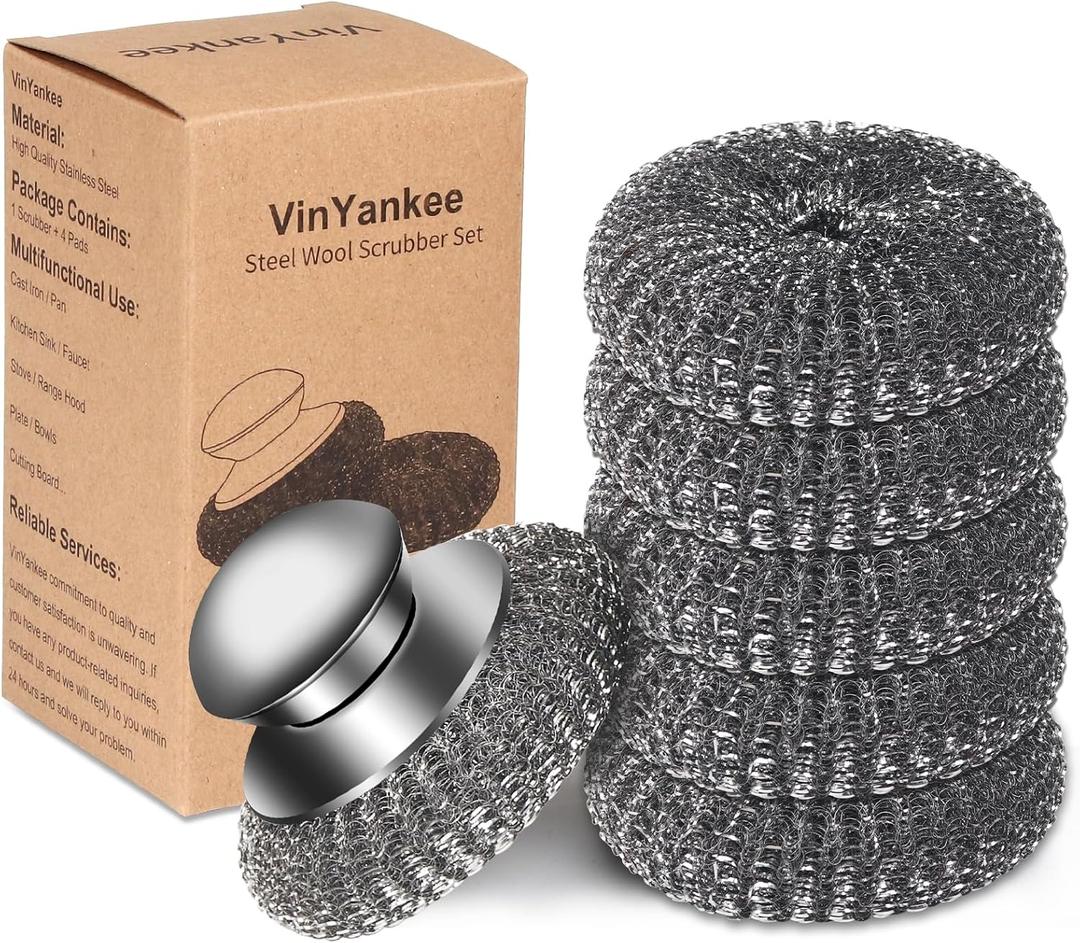 6Pcs Steel Wool Scrubber with Replacement Wire Pads Set, Stainless Steel Scrubber with Handle for Scouring Stubborn Messes from Cast Iron, Pots, Pans, Grill, Stoves, Sink(1 Scrubber+5 Pads)