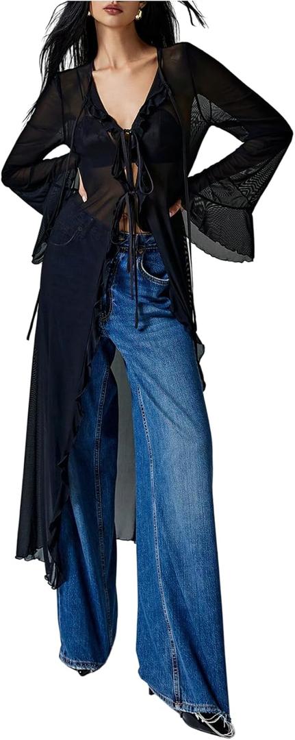 Verdusa Women's Goth Tops Y2K Mesh Tie Front Tops Bell Sleeve Tops Long Shirt 2000s Clothing (Medium, Black)