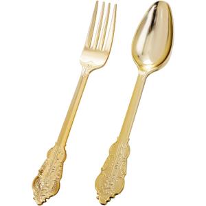 BUCLA 200 Piece Gold Plastic Silverware - Baroque Style Gold Plastic Forks and Spoons - 100 Forks and 100 Spoons for Weddings & Parties