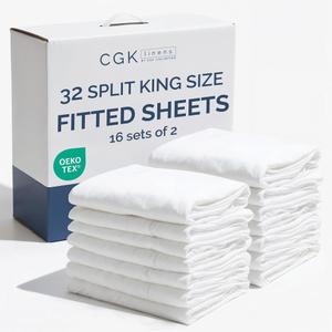 Bulk Case Pack of 16 Fitted Sheets - (16) Split King Size Fitted Sheets with Deep Pockets - Wholesale Bulk Bedding for Hotels, Spas & Airbnbs - Breathable, Cooling & Wrinkle Free - (Split King, White)
