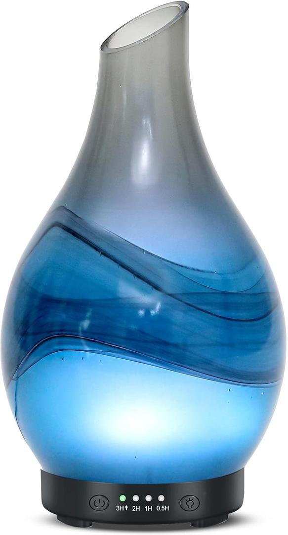 MAXWINER Essential Oil Diffusers Handmade Art Glass Ultrasonic Aromatherapy Diffusers with 7 Colors Lights Changing, Waterless Auto Shut-Off, Time Setting for Home, Office, Room 120ml (Ink)