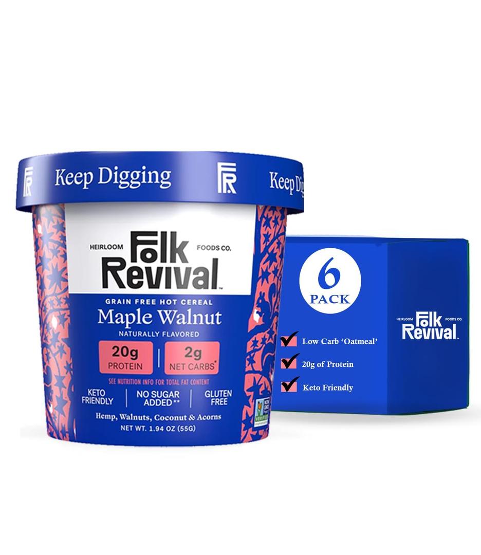 Folk Revival Maple Walnut Keto Instant 'Oatmeal' - 20g Protein, 2g Net Carbs, High Fiber, Non GMO, Gluten Free, Made with Acorns - 6 Cups Per Case (EXP 10/16/25)
