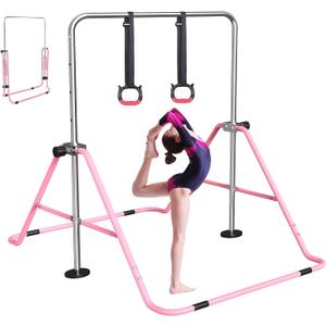FBSPORT Gymnastics Bar for Kids, Adjustable Height Gymnastic Horizontal Bars,Junior Training Bar Children Folding Training Monkey Bars for Home Using (Pink)