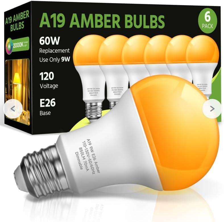 LEDERA LED Amber Light Bulbs, A19 9W(60W Equivalent) 2000K Amber Yellow LED Bulbs, E26 Base for Bedroom, Porch, Baby Nursery Room, Yard, Patio Lighting, Non-Dimmable, 6 Packs, 120VA1907W9E26