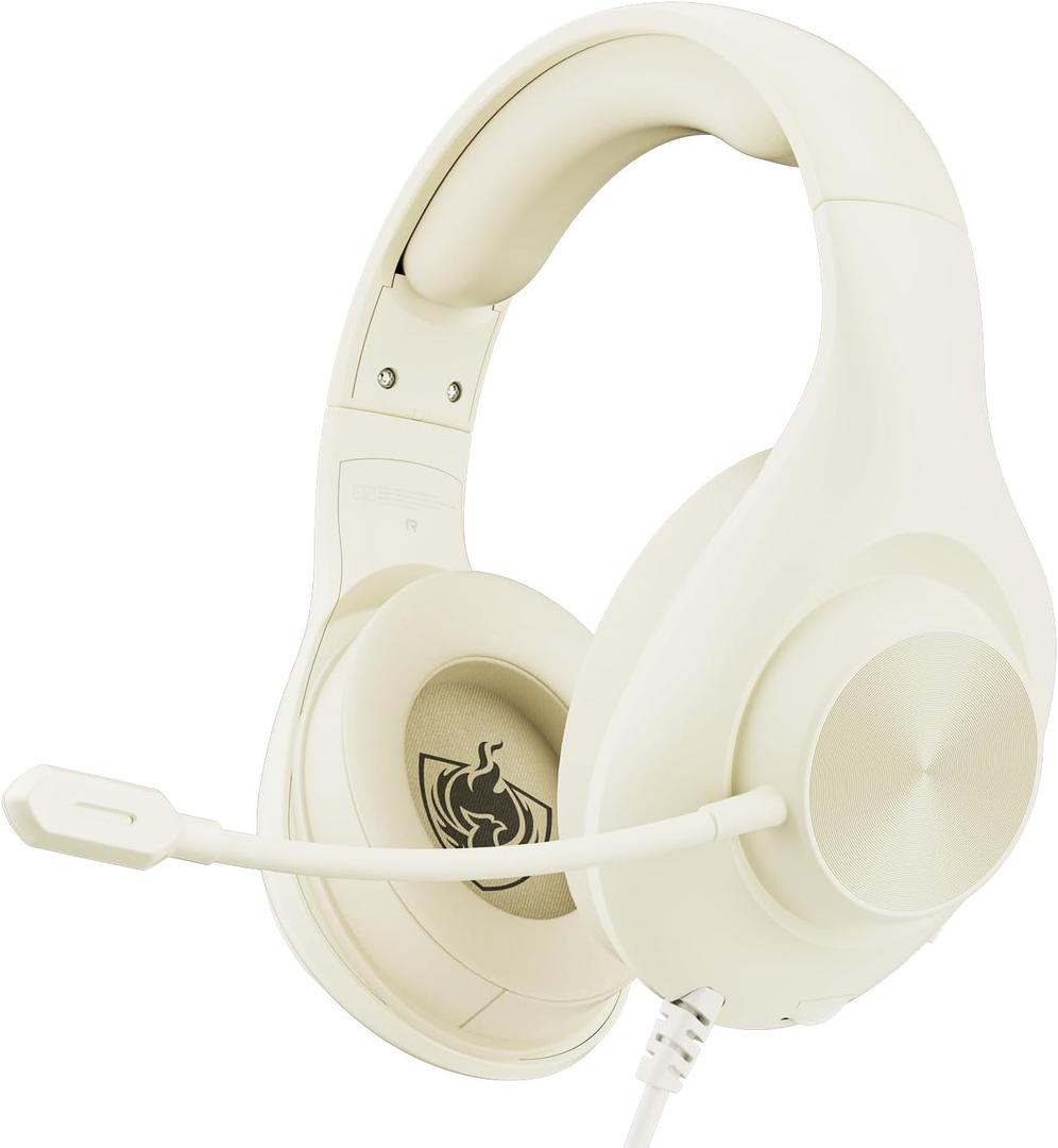 Gaming Headset for PS5 PS4 PC, Wired Headsets with 7.1 Surround Sound, H-7 Gaming Over Ear Headphones with Noise Cancelling Flexible Mic Memory Earmuffs, for PC/PS5/PS4/XboxSeries X/S/Switch (White) (Beige)