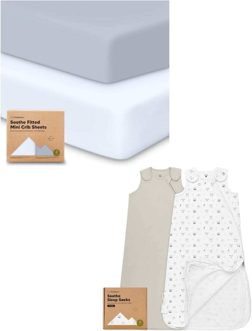 Keababies Pack and Play Sheets Fitted, 2-Pack Mini Crib Sheets and 2-Pack Sleep Sacks, 100% Cotton - Fitted Crib Sheet for Pack and Play Mattress - Wearable Blanket Baby Sleeping Sack, Swaddle Sack