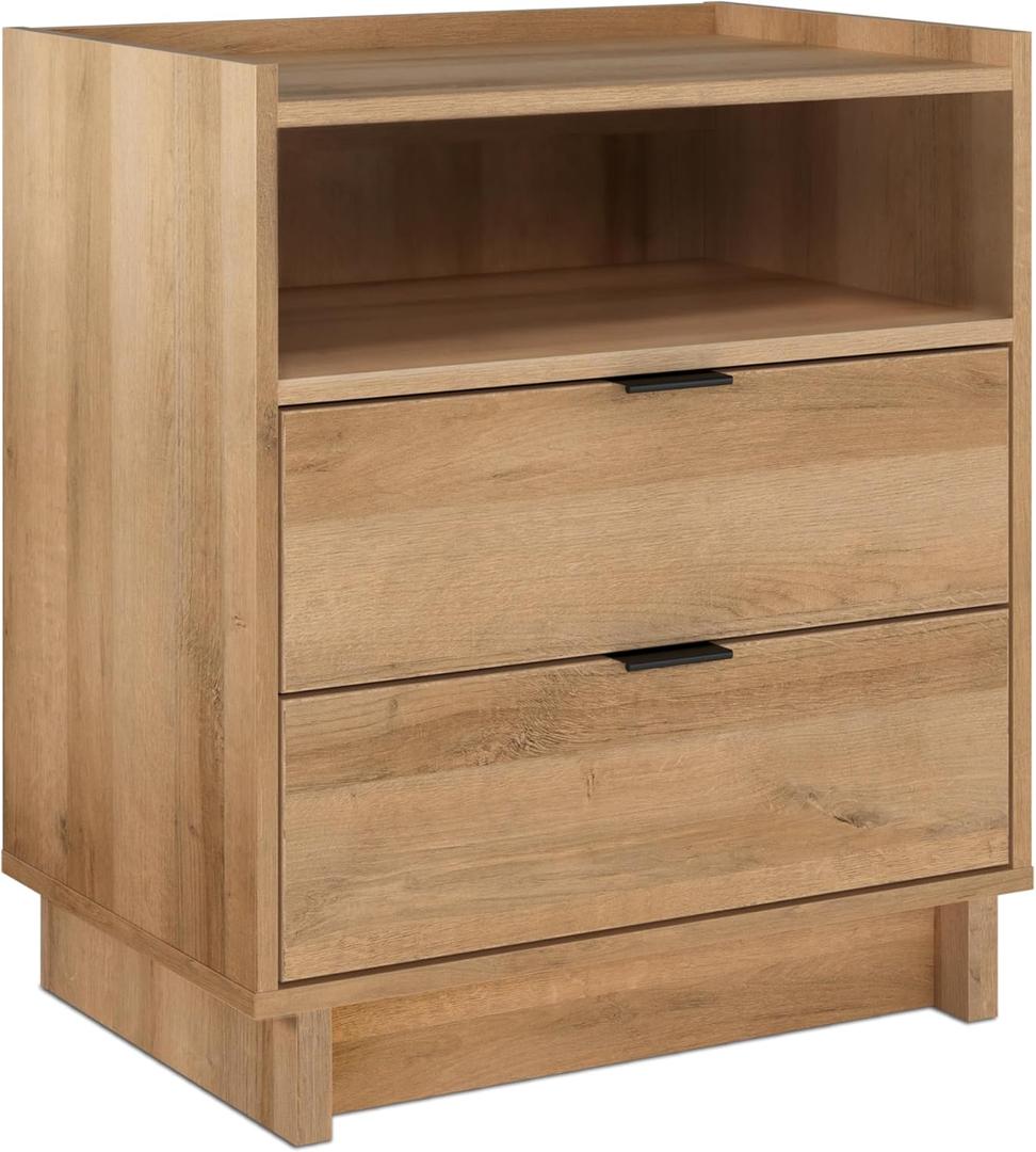 Prepac Simply Modern Nightstand Bedside Table, Natural Oak Nightstand for Bedroom, End Table with 2 Drawers and Open Shelf 23.75" W x 26.75" H x 16" D