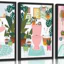 2 x 3Pcs Pink Bathtub Plant Canvas Wall Art Maximalist Botanical Bathroom Posters Prints Paintins Pink toilet bathtub sink Wall Decor Pictures for Washroom Artwork Home Decoration Unframed