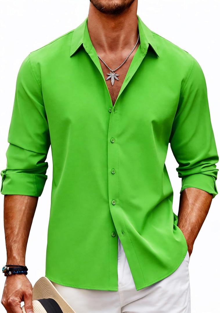 Barry Wang Mens Stretch Dress Shirts Solid Long Sleeve Button Down Shirts Formal Casual Business Prom Party Wedding (Large, Green)