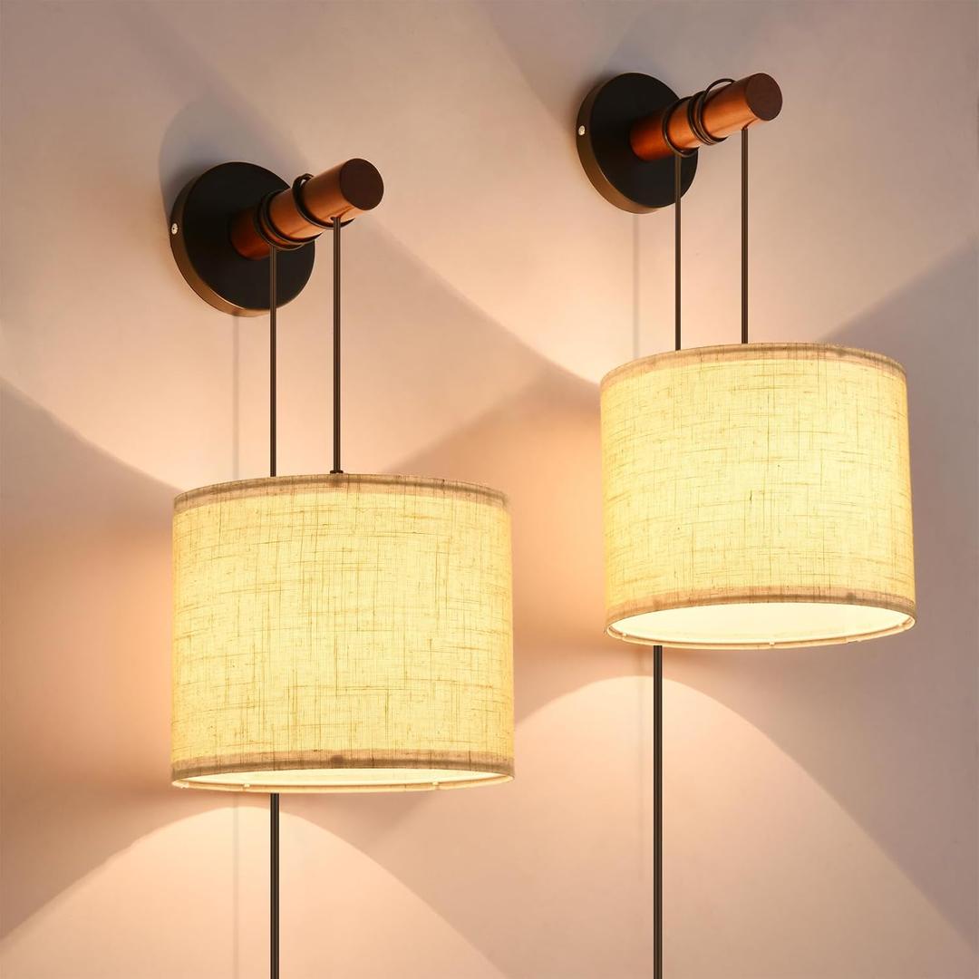 Wall Sconces Set of Two, Plug in Wall Sconces, Fabric Shade Wall Lights with 3 Color Temperature,Farmhouse Wall Lamps for Bedroom Living Room Hallway(2 Pack)