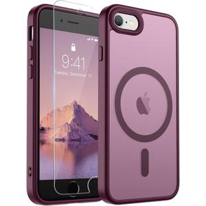SUPFINE Magnetic for iPhone SE Case 2022 (3rd)/2020 (2nd), iPhone 8 Case with Screen Protector (Compatible with MagSafe) (Military Grade Drop Protection) Translucent Matte Phone Case, Wine Red