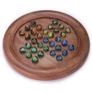 Ajuny Wooden Solitaire Board Game  Handcrafted Round Peg Puzzle with 33 Marbles + 7 Extra, 12x12 Inch Strategy Game for Adults & Kids, Unique Gift & Decor