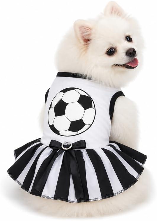 Petitebella Soccer Dog Dress with Striped Tutu Skirt Cute Pet Apparel with Football Graphic Soft Puppy Summer Clothes for Small Medium Dogs Sports Fan Outfit for Parties White/Stripes Small