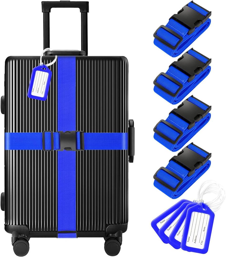 8 Pack Luggage Straps and Tags Set (4 Straps, 4 Tags), Luggage Straps for Suitcases TSA Approved Suitcase Belt Luggage Tags, Blue, 72 inches x 2 inches