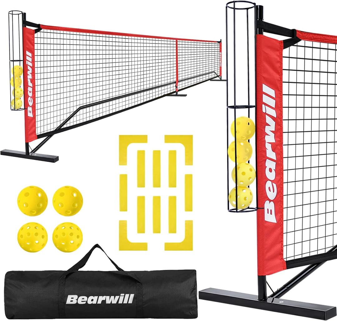 Pickleball Net, 22 FT Pickleball Net for Driveway, Regulation Size Portable Pickle Ball Net for Outdoor Backyard, Steady Metal Frame with Court Marker, Ball Holder, 4 Pickleballs & Carry Bag