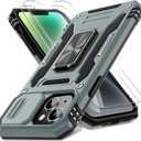 DEERLAMN Case for iPhone 13/iPhone 14 6.1-Inch with Slide Camera Cover+Screen Protector(2 Packs),Rotated Ring Kickstand Military Grade Shockproof Protective Cover-Grey