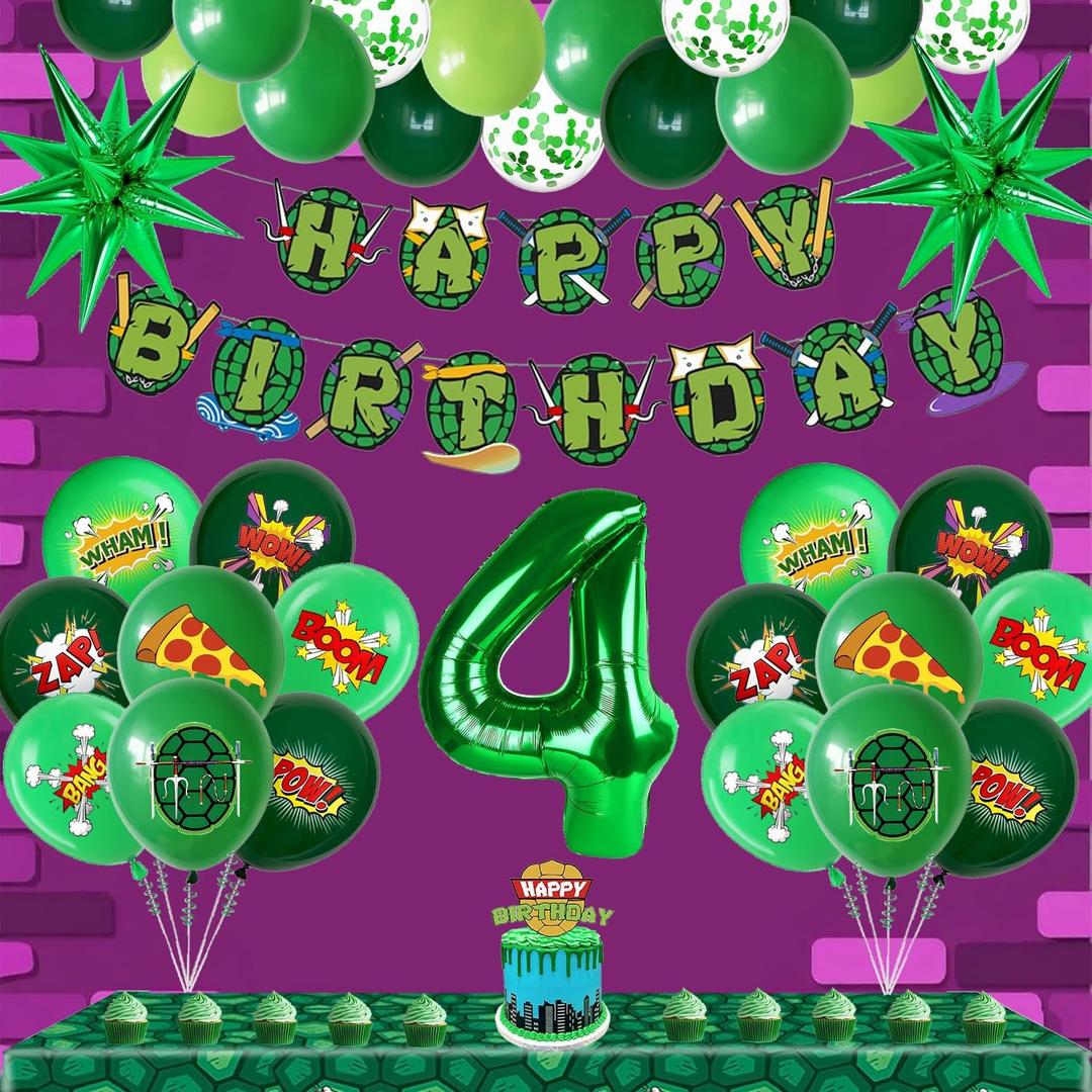 Turtle Happy Birthday Party Decorations Turtle Theme Party Supplies - Happy Birthday Banner - Number 4 Balloon Birthday Party Decorations Set