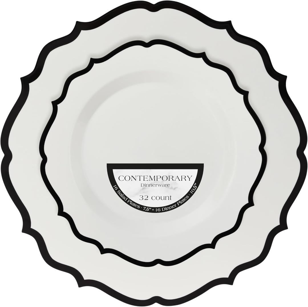 PLASTICPRO 32 Pack Elegant Disposable Plastic Plates Combo Set Includes 16 Dinner Plates and 16 Salad Plate Heavy Duty Fancy Party Plates White & Black Contemporary Design