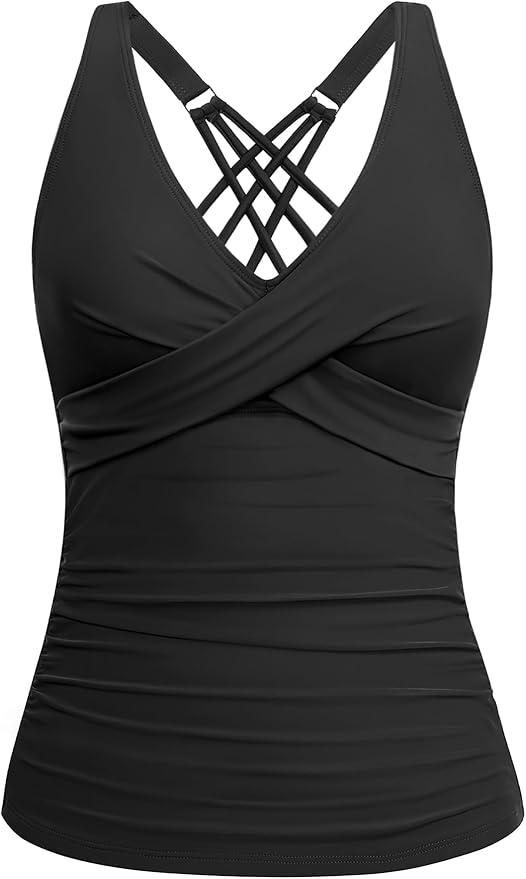 Underwire Tankini Tops for Women – Twist Front V Neck Bathing Suits Top Only Ruched Tummy Control Swimsuit Top,  medium
