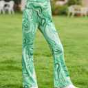 WDIRARA Girl's Printed High Waist Flare Leg Ribbed Knit Elastic Waist Casual Long Pants Green 9Y