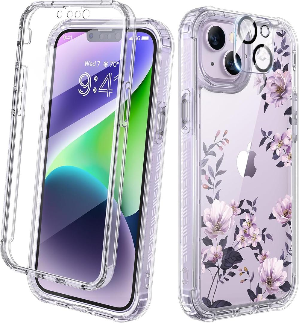 Diaclara Designed for iPhone 14 Case, Full Body Rugged Case with Built-in Touch Sensitive Anti-Scratch Screen Protector, with Camera Lens Protector for iPhone 14 6.1" (Camellia)