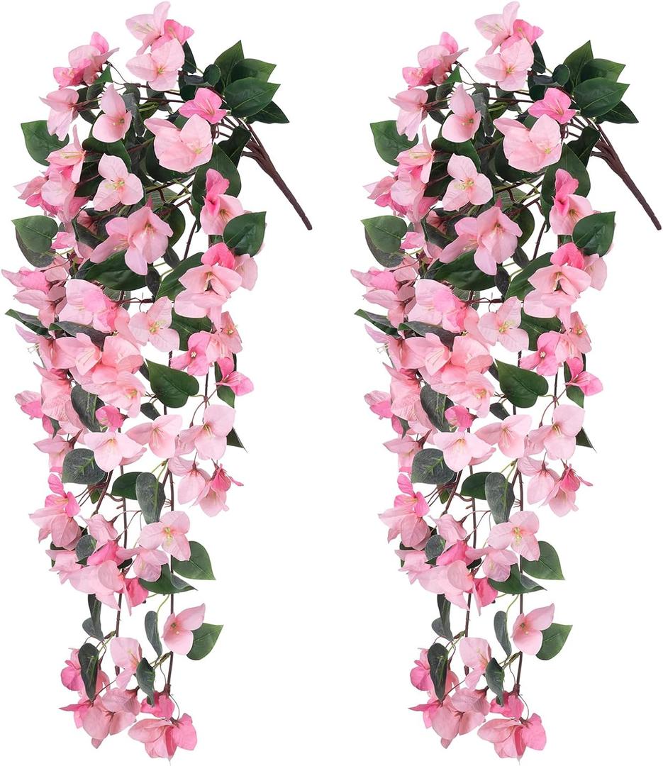 Ivydale 2PCS Artificial Bougainvillea Hanging Flowers Faux Plants for Outdoor Outside Summer Decoration, Fake Silk UV Resistant Realistic Long Trailing Vines for Home Porch Patio Balcony Yard, Pink