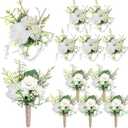 12 Pcs 6 Inch Wedding Corsage and Boutonniere Set Artificial Rose Wedding Corsage Wristband with Pins for Prom Men Bride Party Accessories Groom Groomsmen Women Bridesmaids (Retro, White)