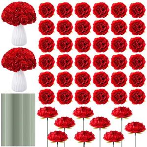 Thiccywoov 200 Pcs Flowers Long Stem Artificial Rose Bulk, 3.2 Inches Silk Rose Head Flowers Faux for Wedding Bridal Bouquet Independence Day Home Floral DIY Centerpieces Party Decoration(Red)