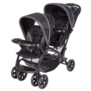 Baby Trend Sit N' Stand Double Stroller, Onyx,  Item Dimensions L x W x H 49"L x 21.5"W x 43"H, 
Both seats feature a 5-point child restraint safety harness