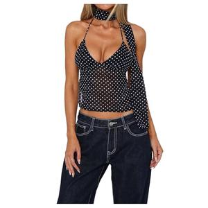 SOLY HUX Women's Polka Dots Halter Tops Y2k Sleeveless Tie Backless Cami Tops with Scarf Going Out Clubwear Black and White Polka Dots Large