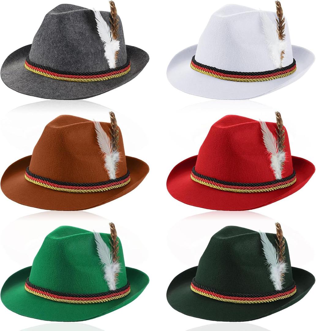 Hercicy 6 Pcs Oktoberfest Hats German Hats with Feather Oktoberfest Bavarian Caps Costume Accessories for Adult Cosplay (Classic Colors)