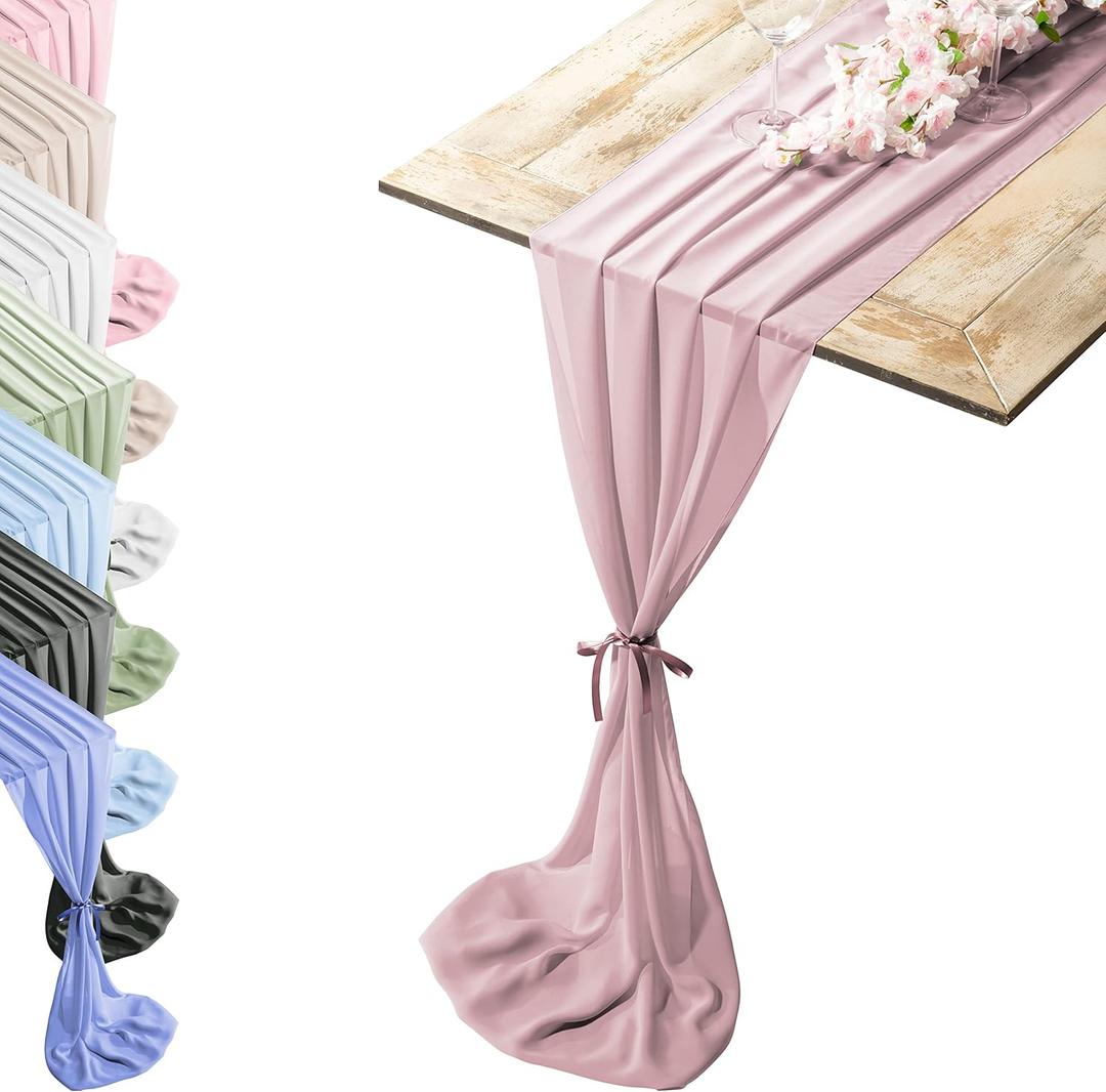 Silky Touch Chiffon Table Runner with Two Style Ribbon Ties, 10ft. Dusty Rose Pink Table Runner, Wedding Table Runner 29x120 Inches, Great Runner for Halloween Party, Christmas Event & Elegant Dining