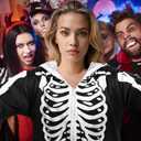 Waipfaru Halloween Skeleton Costume Women-Skeleton Onesie Adult -Front and Back Bone Print with Zip Up Hooded (Medium)