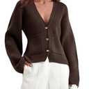 Saodimallsu Womens Button Down Cardigan Sweaters Cropped Deep V Neck Open Front Long Sleeve Fall Knit Sweater Coats Brown, XXL