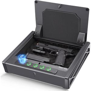 SOULYI Biometric Fingerprint Gun Safe for 3 Pistols Safe DOJ Certified with 3 Quick Access Handgun,Digital Keypad Matt Black Bedside Firearm Safety Car Safe Hardened Steel Lock Box