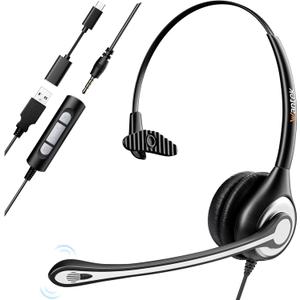 Headset wtih Mic, USB Headset with Microphone for PC, Computer Headset with Noise Canceling Microphone with Mute for Home Office Online Skype Zoom Meetings (Monaural -USB+3.5mm)