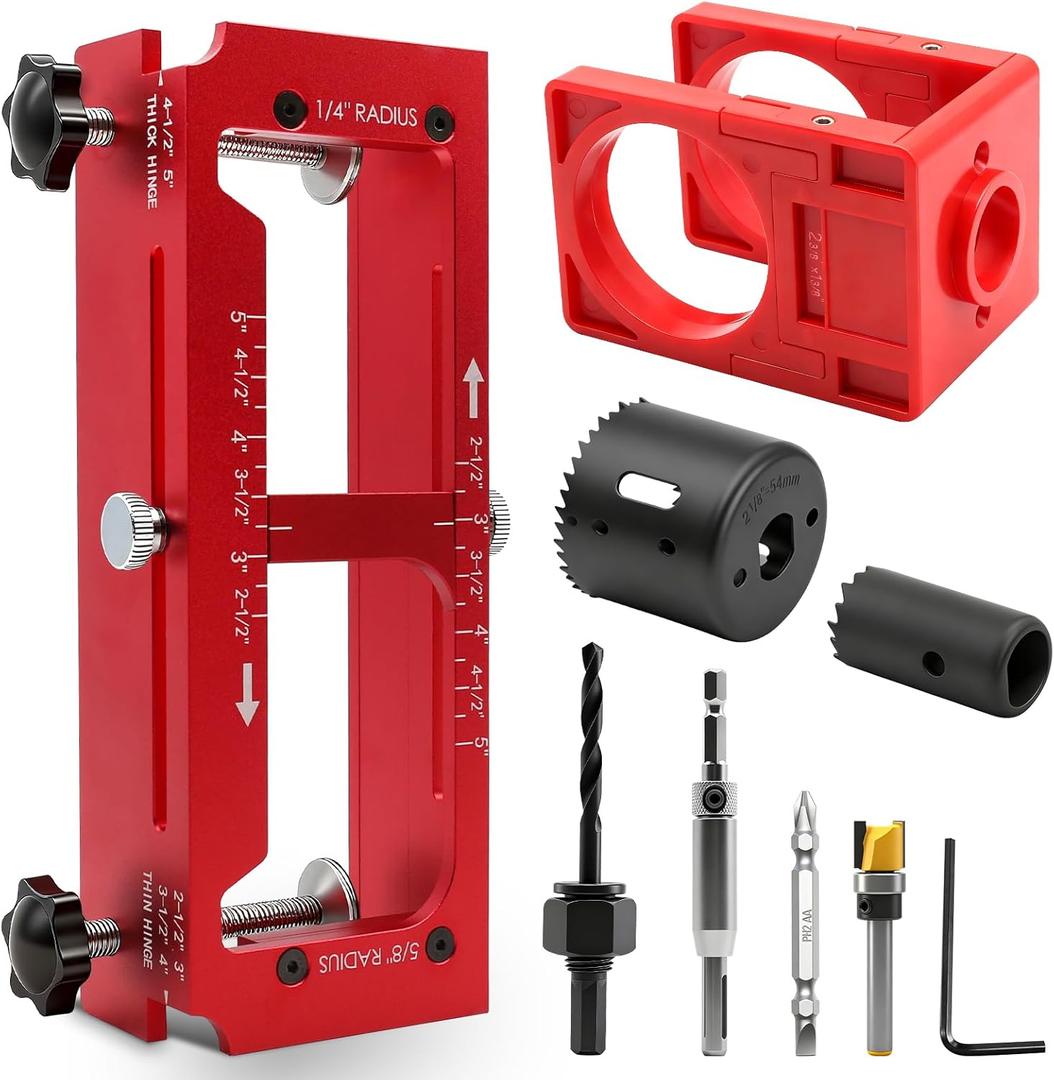 Door Hinge Jig and Door Lock Installation Kit, Aluminum Alloy Router Template for Hinge Mortising from 2.5" to 5" and Types of Square, 1/4", 5/8" Radius, Door Hole Drilling Kit for Knob and Deadbolt