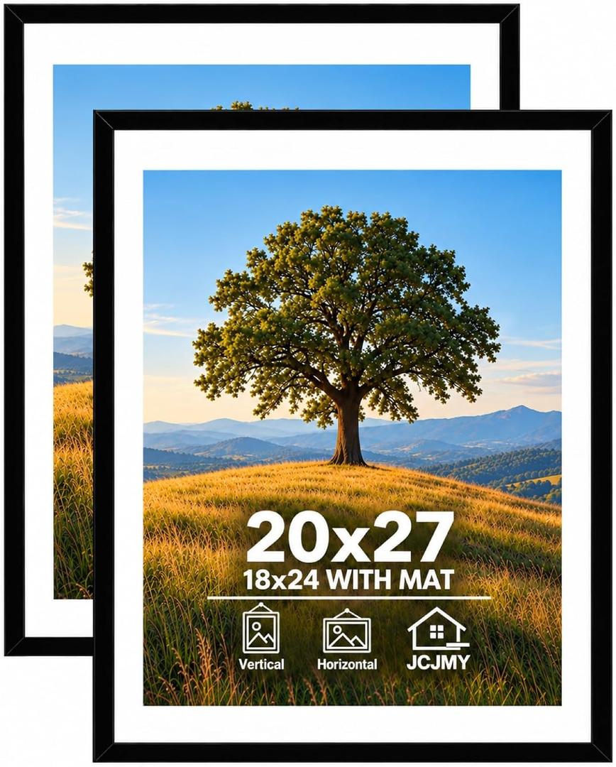 JCJMY 20x27 Picture Frame Set of 2 with 18x24 Mat, Black 20 x 27 Poster Frames with Shatter Resistant Plexiglass, Display 18 x 24 with Mat or 20 by 27 Without Mat, Sturdy Wall Hanging Frames