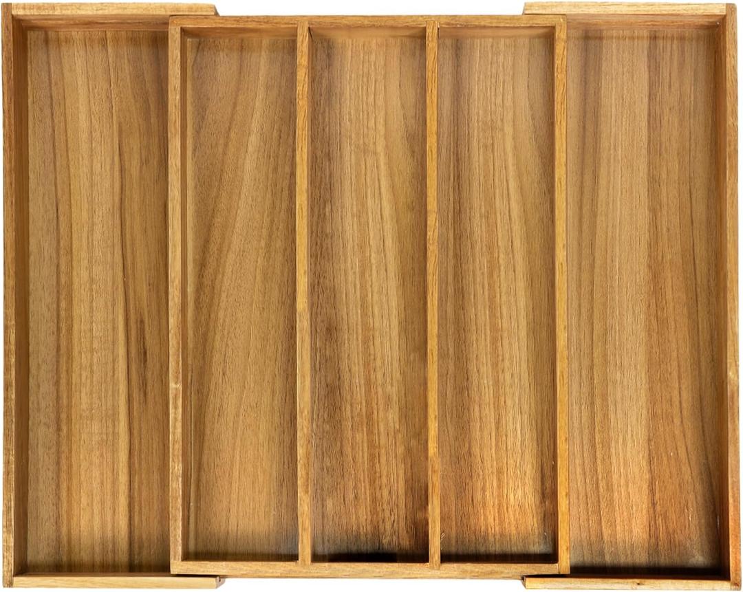 VaeFae Acacia Kitchen Silverware Organizer, Cutlery Drawer Organizer with 5 Compartments, Wooden Utensil Holder for Flatware and Cooking Tools (Large)