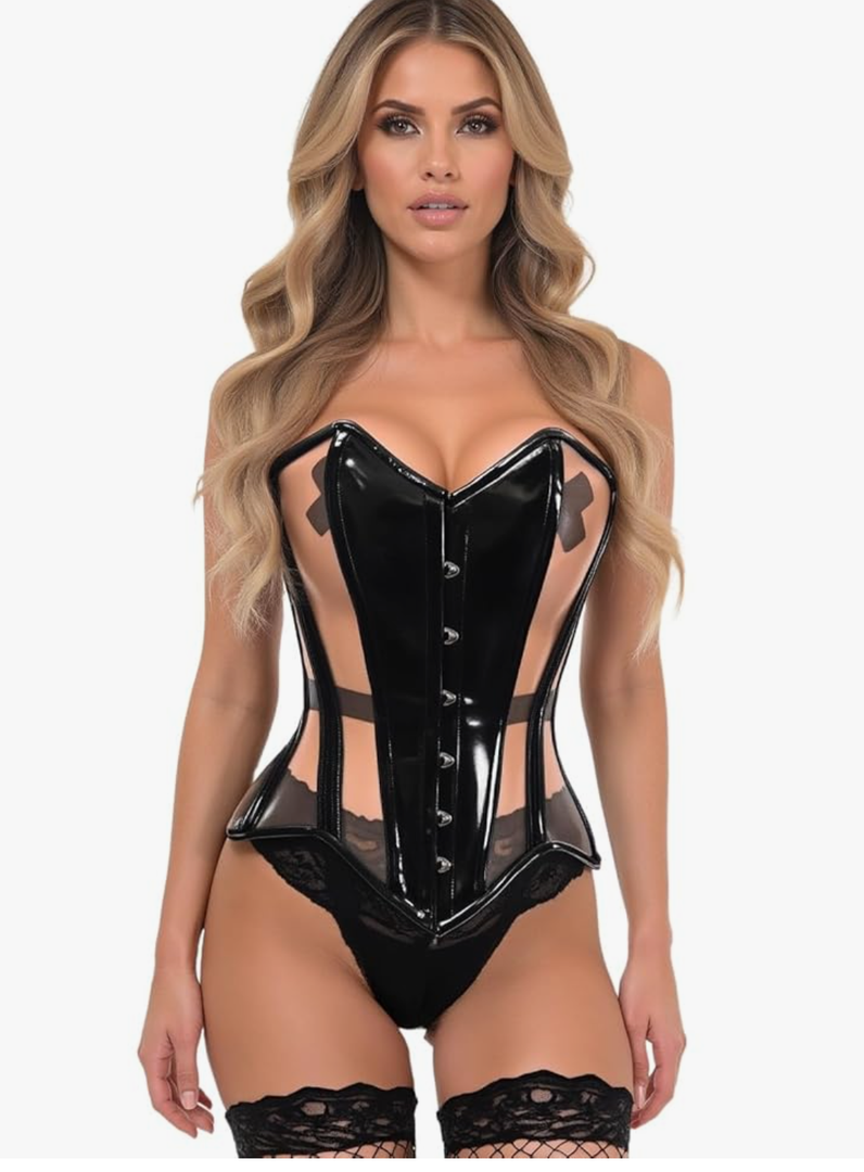 Daisy corsets Womens Top Drawer Black Patent & Nude Mesh Steel Boned Overbust Corset