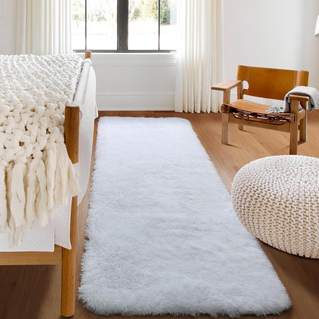ONASAR White Runner Rugs for Bedroom Living Room, Washable Luxury Bedside Fluffy Area Rug 2x6 Feet, Ultra Soft Plush Faux Fur Floor Throw Carpet for Hallway Nursery Kids Dorm Home Decor Aesthetic