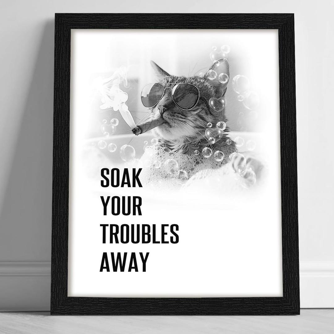 arteWOODS Funny Cool Cat Bathroom Wall Art - Rustic Farmhouse Wall Decor with Humorous Quotes Black Framed Print Artwork Cute Animal Pictures for Shower Toilet Restroom Kid's Washroom 8x10 Inch