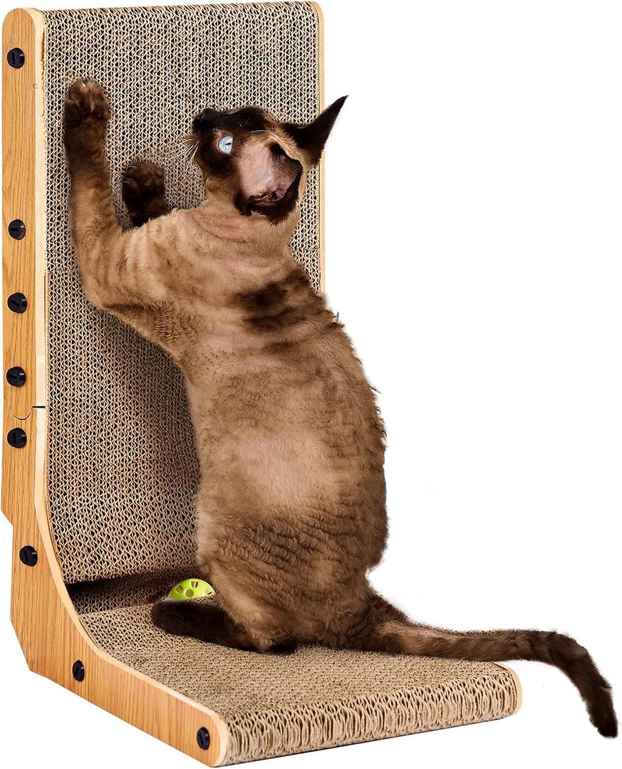 EHEYCIGA Cardboard Cat Scratcher for Indoor Kitten Cats, 19 Inch L Shaped Vertical Cat Scratching Board with Ball Cat Toy, Small Cat Scratcher Pad, Brown (11.4x9.75x19)