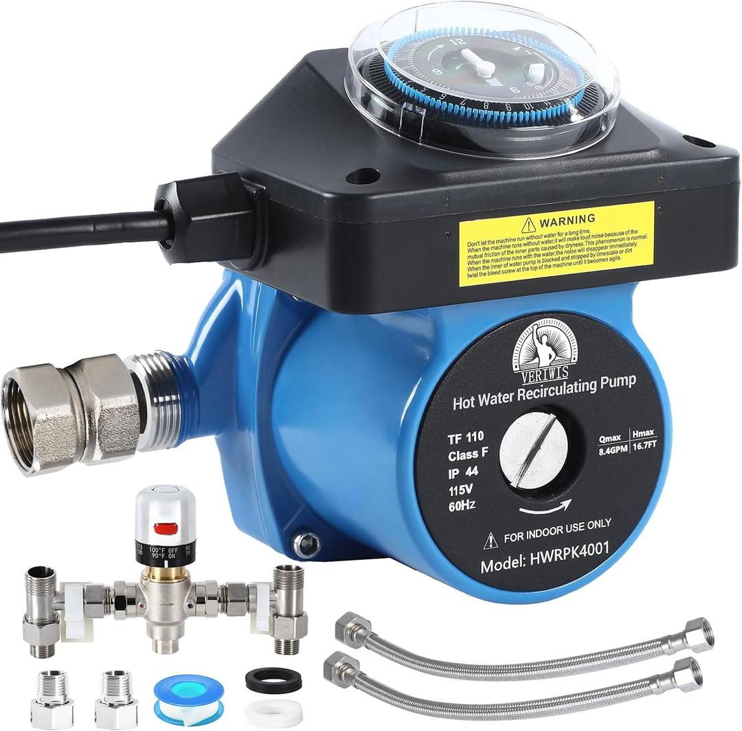 Instant Hot Water Recirculating Pump Kit for Tank Water Heater, Circulation Pump for House with 304 Stainless Steel Adjustable Bypass Valve and Timer, Replace 595916 0955805