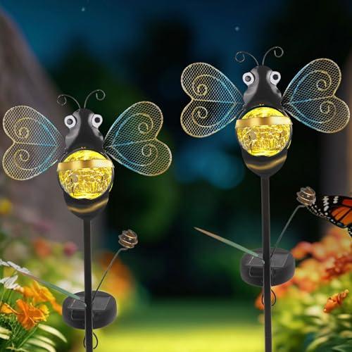 Solar Bee Garden Stakes Lights Outdoor Waterproof 2 Pack Metal Garden Stakes Decorative Bee Decor for Outside Yard Lawn Patio Decorations Whimsical Solar Lights Outdoor Gardening Gifts for Women