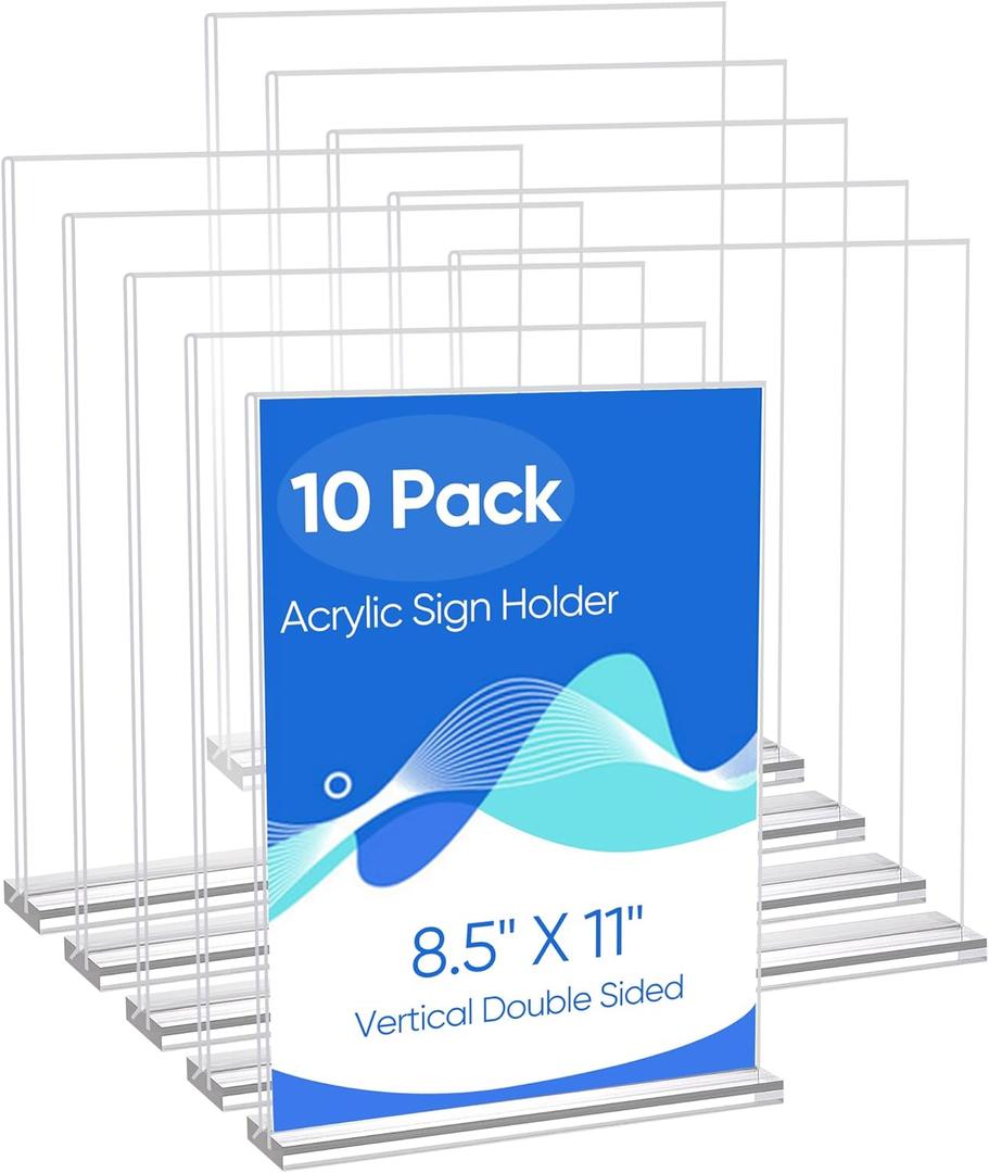 10 Pack Acrylic Sign Holder 8.5 x 11, Clear Double Side T Shape Acrylic Table Sign Stands for Display, Flyer Holder Paper Card Holder for Office Business Store Malls Restaurants