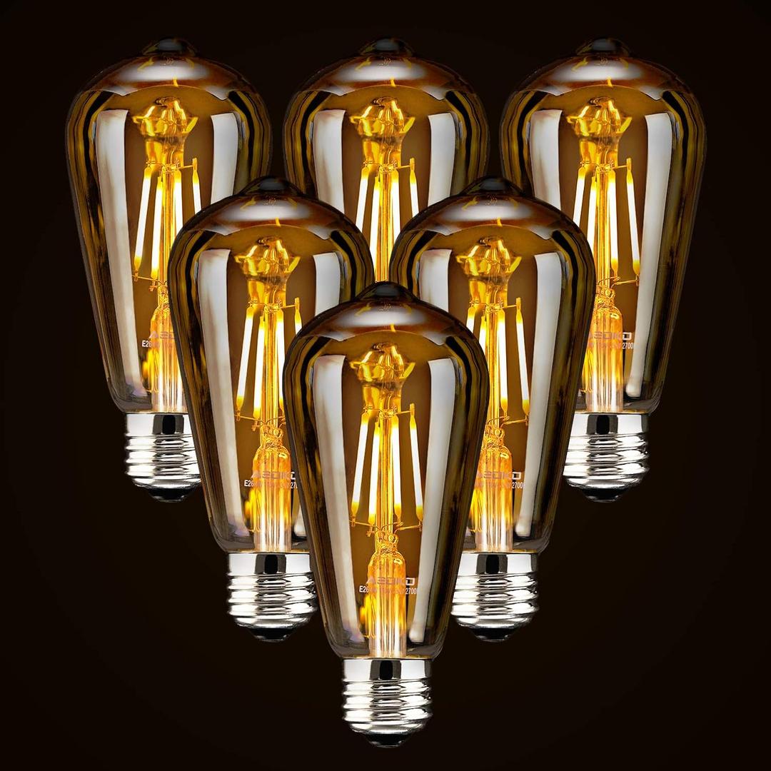 LED Dimmable Edison Light Bulbs 4W, 2200K-2400K Warm White (Amber Glass) ST64, E26 Base Pack of 6