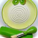 All-in-one Premium Ceramic Garlic Grater Plate 4-Piece Set - Kiwi Design, Classic Style - For Garlic, Ginger, Chocolate, and more! - Comes with 5.25" Plate, Peeler, Brush, and Stand