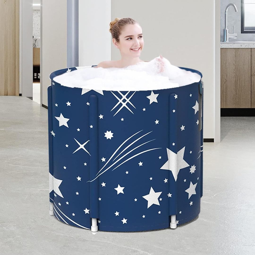 ptlsy Portable Bathtub, Japanese Soaking Bath Tub for Shower Stall, Foldable Bathtub with Thermal Foam, Freestanding, Folding & Soaking Spa Bath Tub with Pillow for Small Spaces (Blue Sky) (Stars)